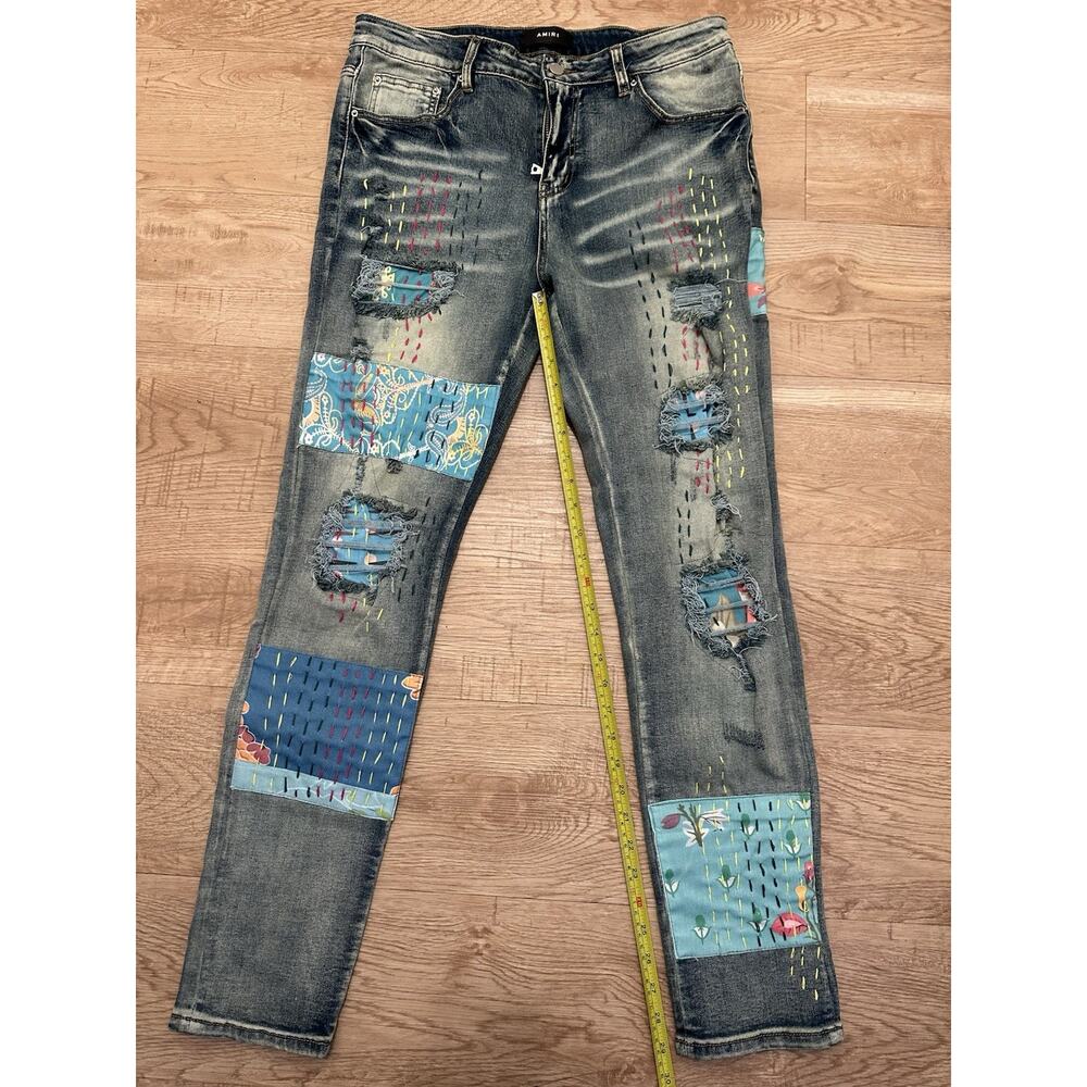 AMIRI Medium Wash Distressed Embroidered Slim Skinny Jeans 36
